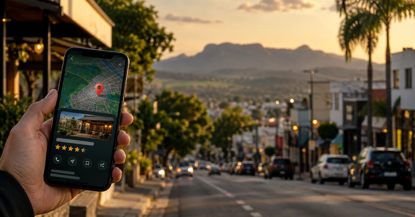 Perfil da Empresa no Google de um negócio aberto no celular, com rua comercial e serra de Atibaia ao fundo