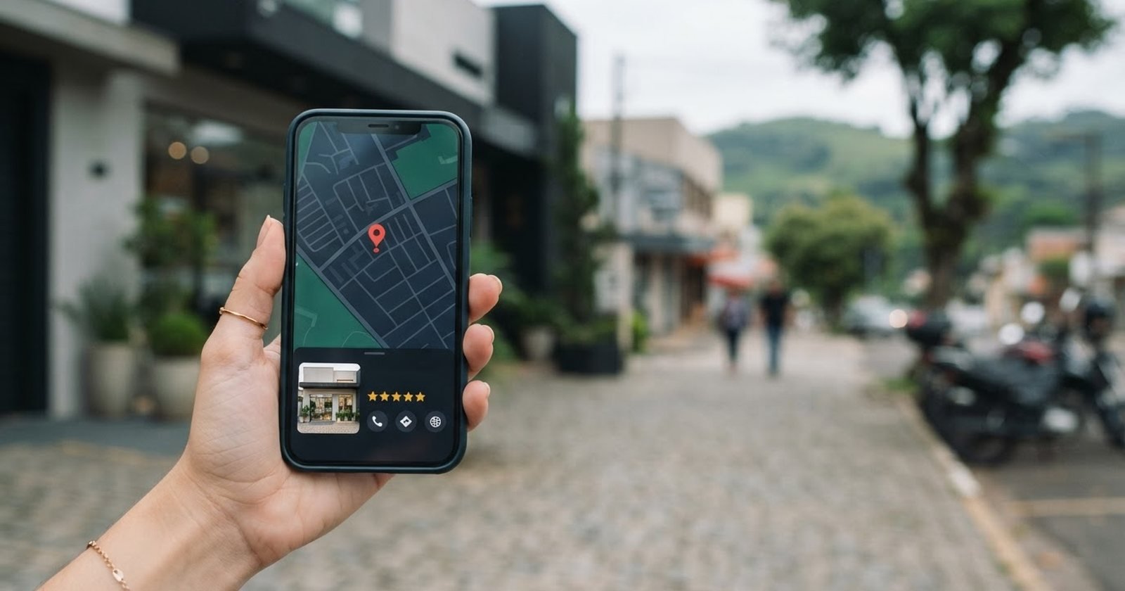 Celular com um aplicativo de mapa aberto no cartão de uma clínica, com cinco estrelas, em uma rua comercial (imagem ilustrativa)