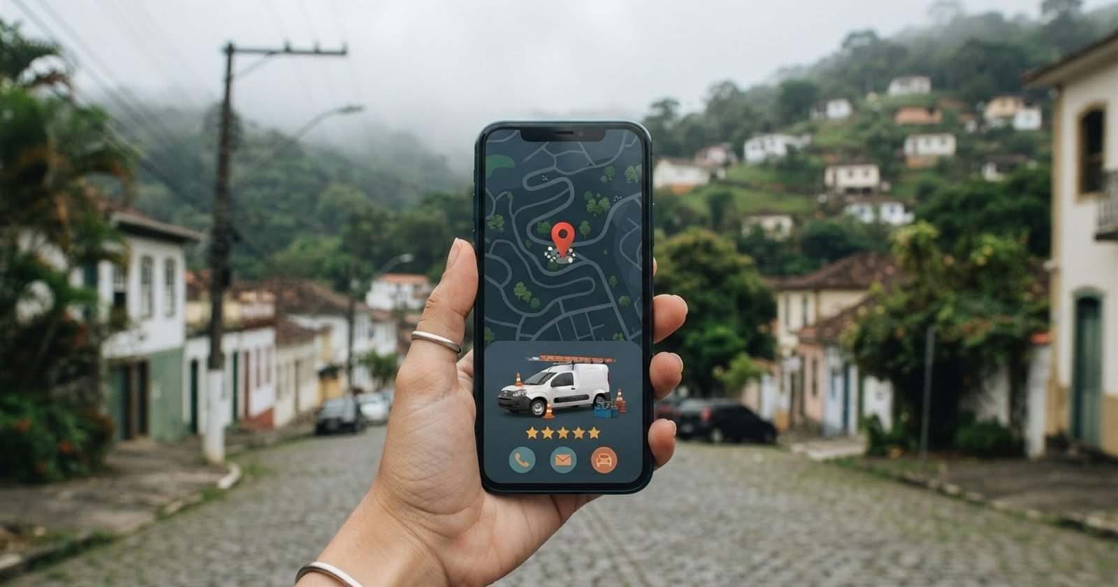 Celular com um aplicativo de mapa aberto no cartão de um prestador de serviço, com cinco estrelas, em uma rua comercial (imagem ilustrativa)